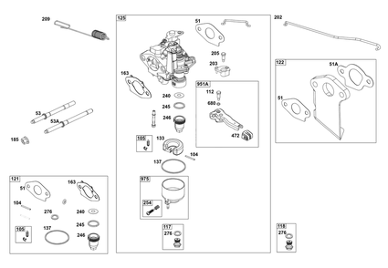 Carburetor Group Diagram and Parts List for 12V337-0167-F1 100000 - 19Z999 Briggs and Stratton Engine